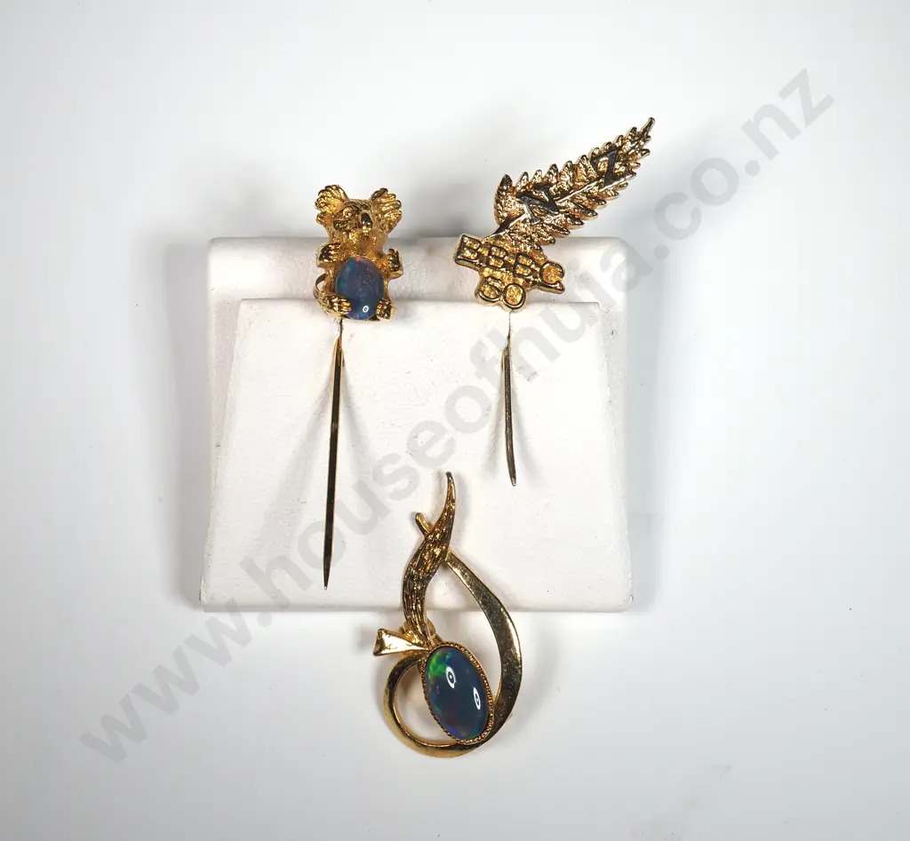 Gold tone Koala w Opal Stick Pine, Gold Tone & Opal Brooch & Fern Stick PIn  Image 1++
