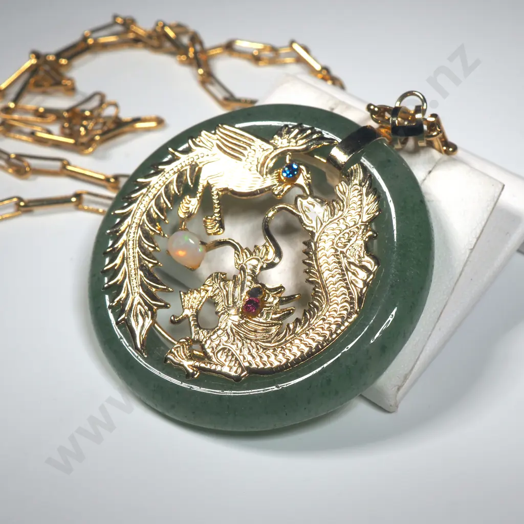 Jade Pendant set w Opals & Other Coloured Stone On A Gold Plate Chain  Image 1++