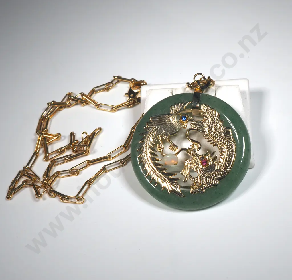 Jade Pendant set w Opals & Other Coloured Stone On A Gold Plate Chain  Image 1++