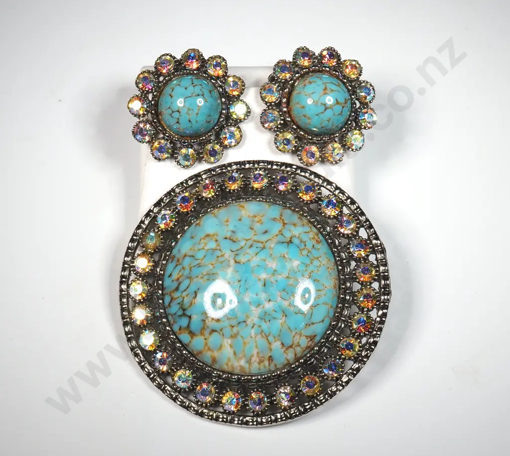 Silver Tone Brooch & Earrings with Faux Turquoise Surrounded By Diamantes  Image 1++