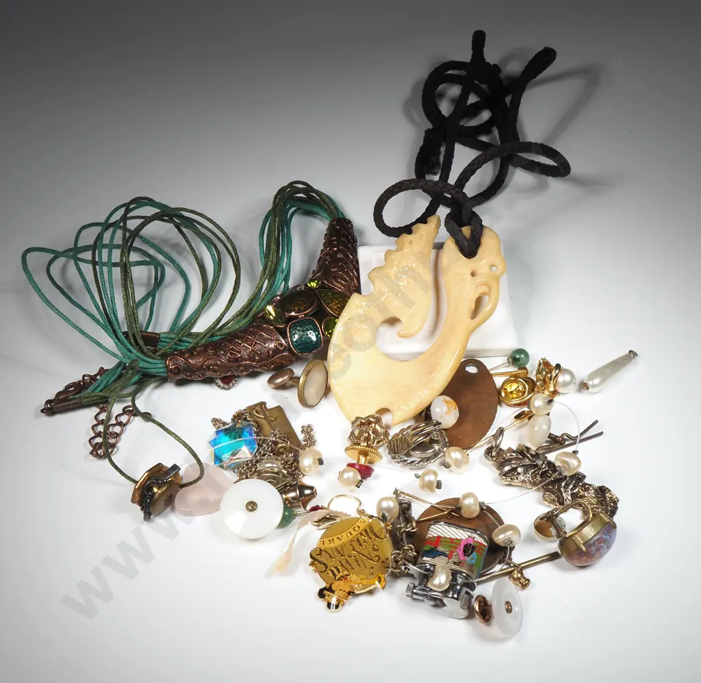 Quantity Of Costume Jewellery To Include Enamel Choker, Miniature Lighter, Bone Coloured Pendant Image 1++