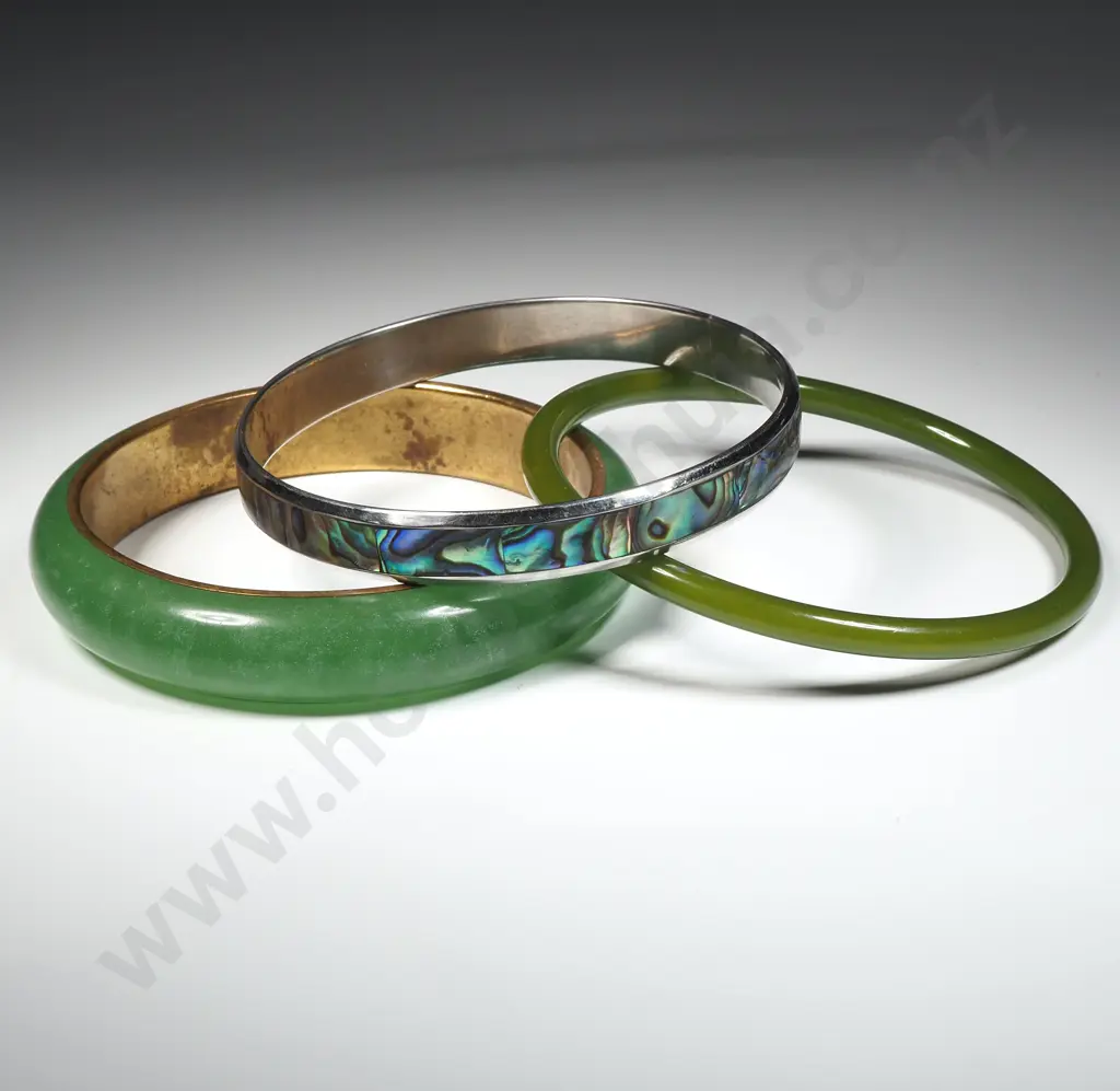 Three Bangles Including Paua Shell Bangle & Two Green Tone Bangles  Image 1++