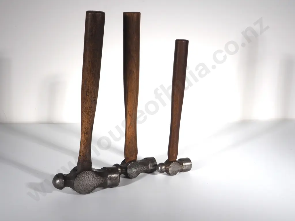 Antique Set of Three Ball & Pane Hammers w Hickory Handles Image 1++