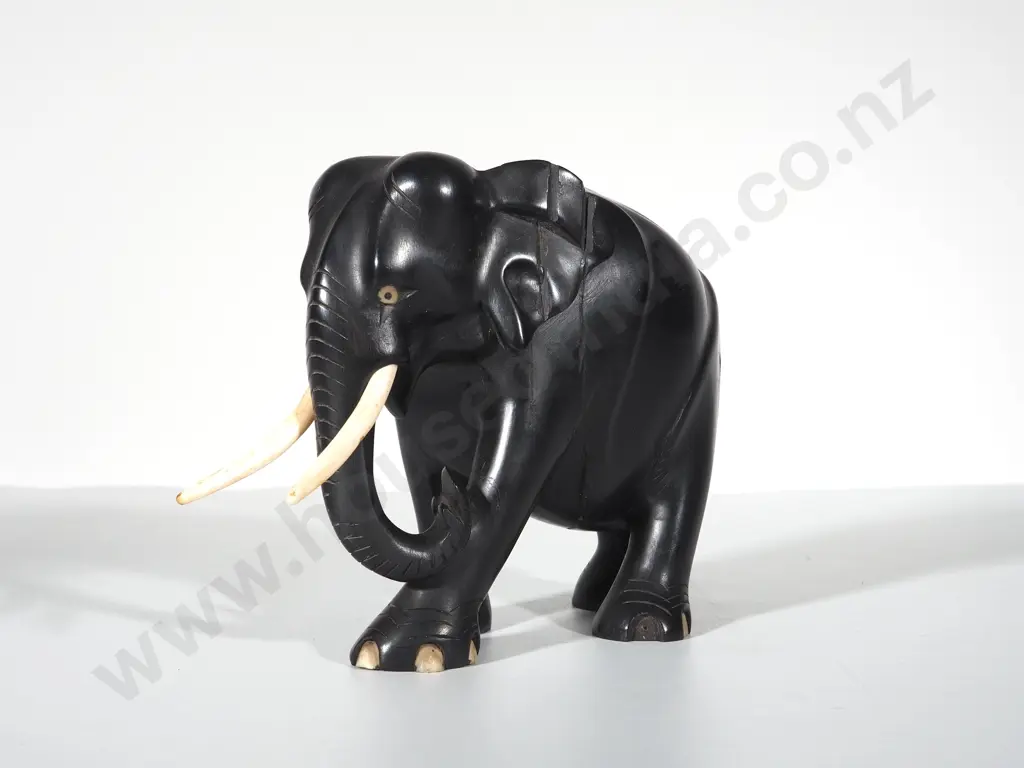 Antique Ebony Elephant w Bone Tusks Image 1++