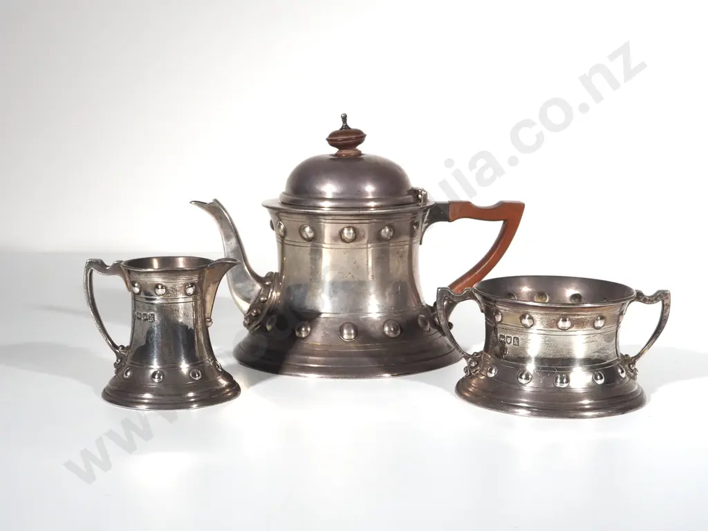 1905 Arts & Crafts Sterling Silver Teapot, Milk Jug, Sugar Bowl Image 1++