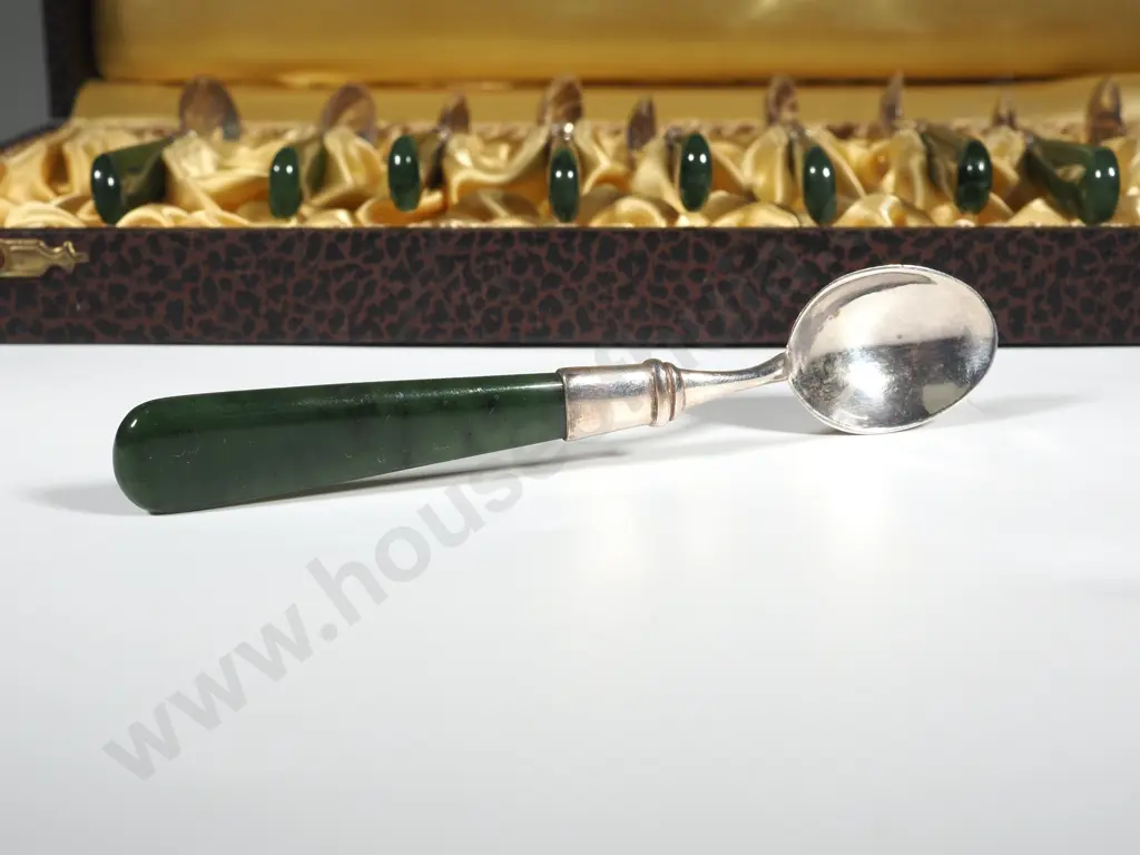 Cased set of 12 teaspoons in S/S and Greenstone by W Littlejohn and Sons  Image 1++