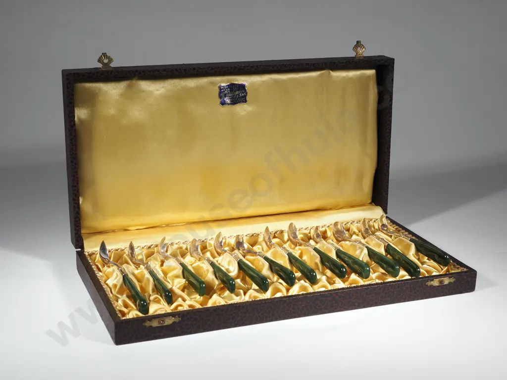 Cased set of 12 teaspoons in S/S and Greenstone by W Littlejohn and Sons  Image 1++