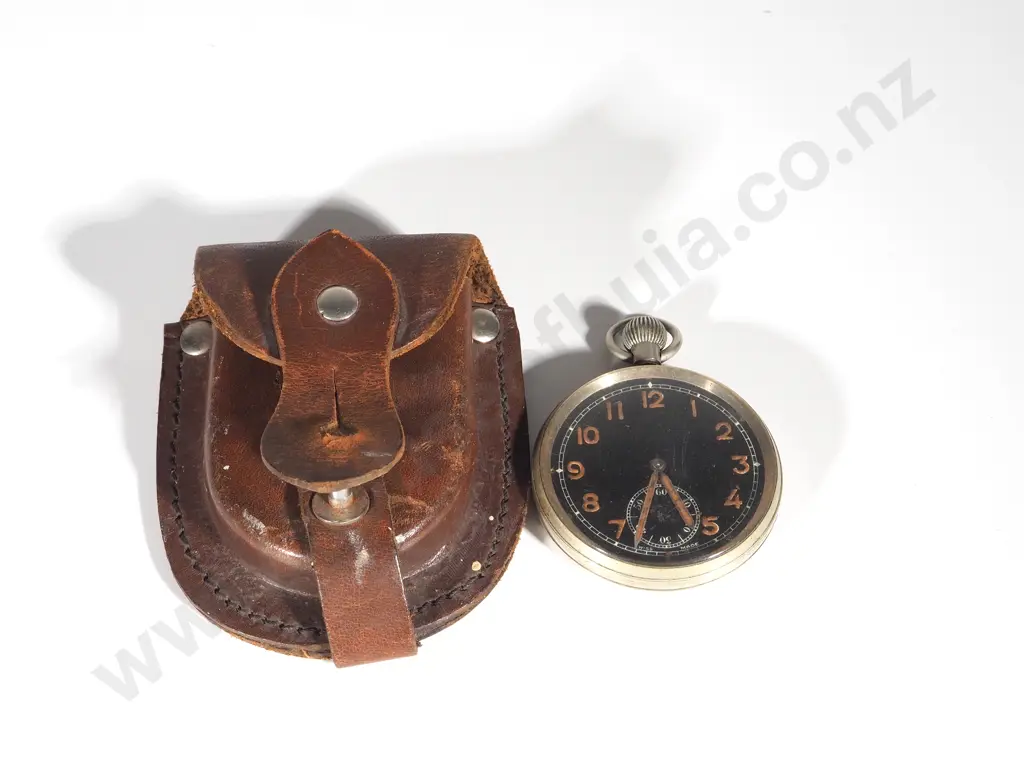 WWII G.S.T.P Broad Arrow Black Face Pocket Watch w Leather Case  Image 1++