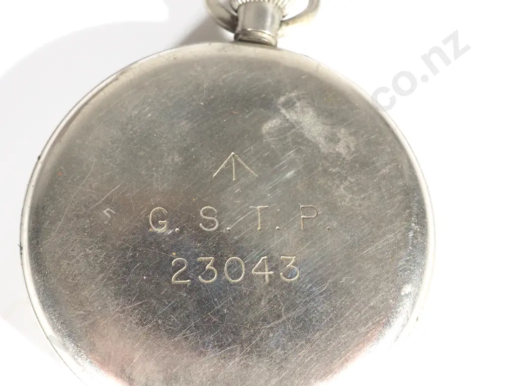WWII G.S.T.P Broad Arrow Black Face Pocket Watch w Leather Case  Image 1++