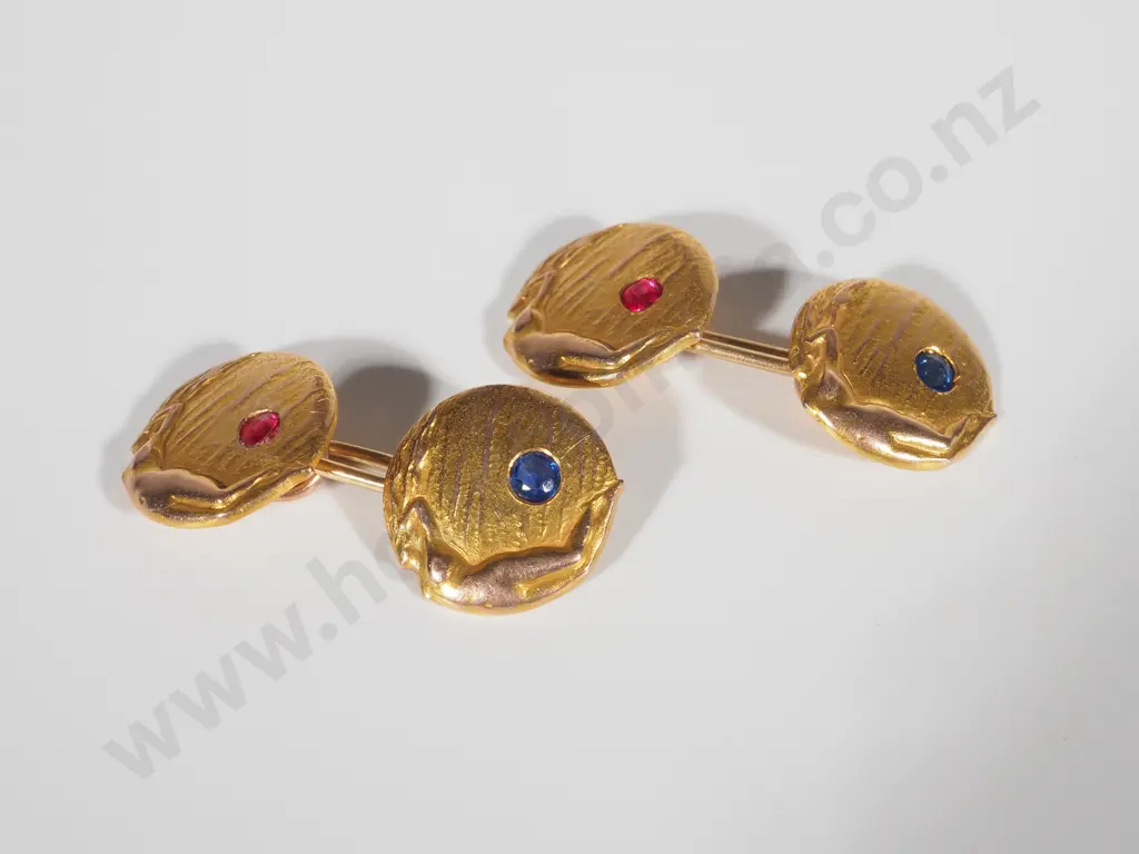 Exceptional 14ct Classic American Cufflinks w Rubies & Saphires: Feminine Silhouettes! Image 1++