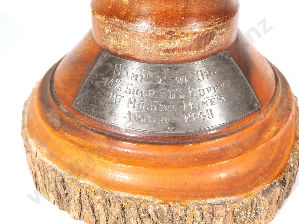 1947 Gold Ore Sample from the Mount Morgan Gold Mine Australia: Displayed on Wooden Stand w Silver Plaque Image 1++