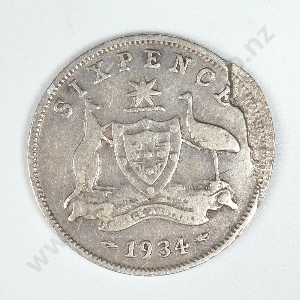 1934 Australian Sixpence Planchet Peel Prestrike - Scarce Error  Image 1++