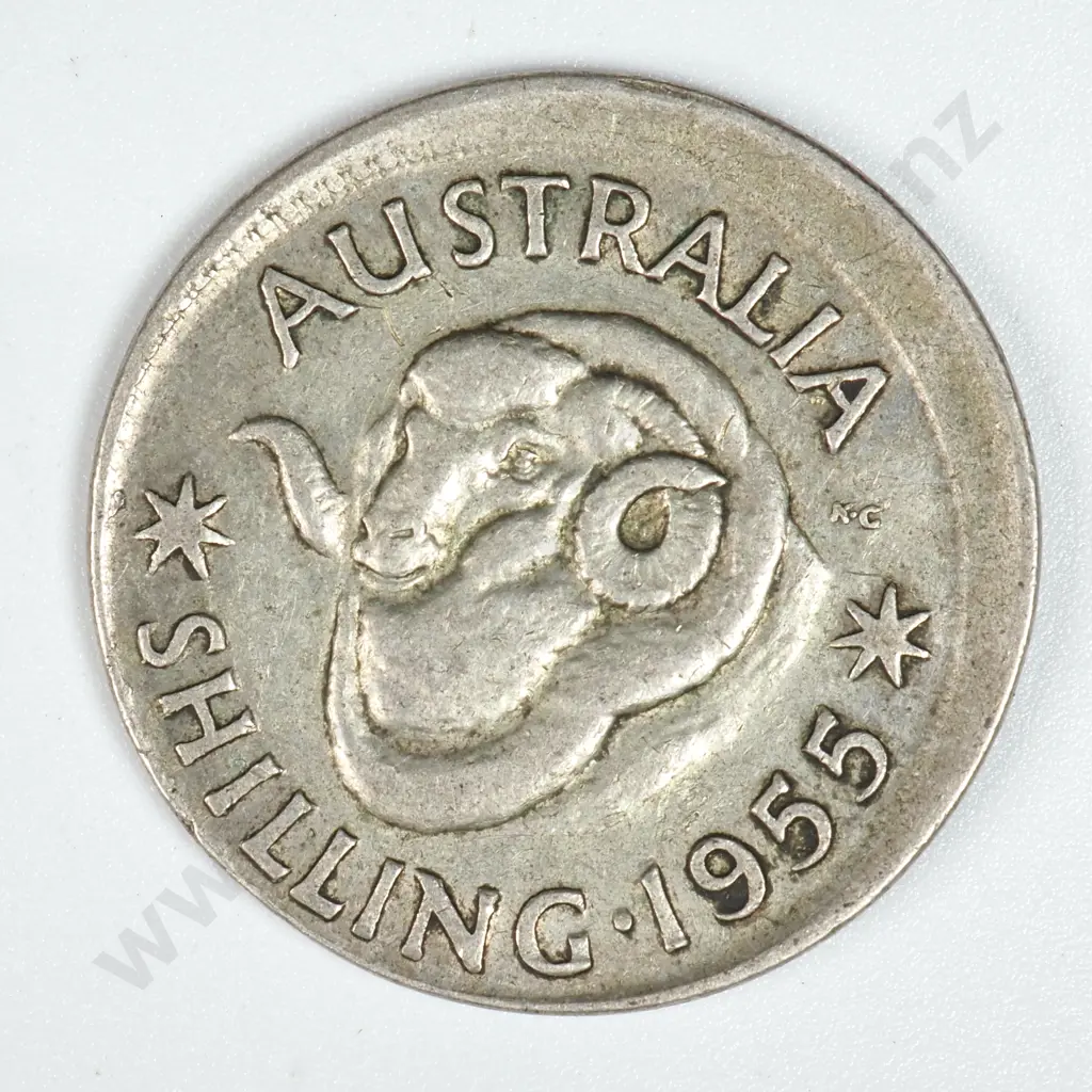1955 Australian Shilling - Off Centre Strike Image 1++