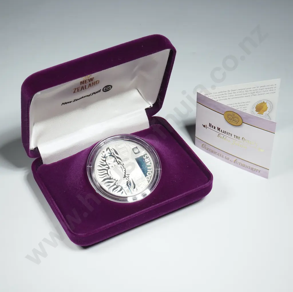 2002 New Zealand Golden Jubilee Silver Proof Five Dollar Coin Image 1++