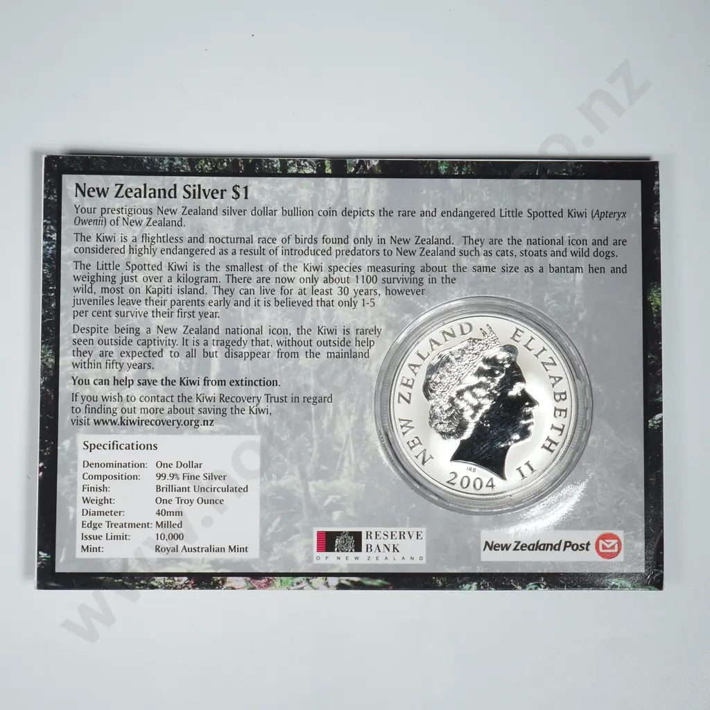 2004 New Zealand One Ounce Silver Coin - Little Spotted Kiwi - CV $375 Image 1++