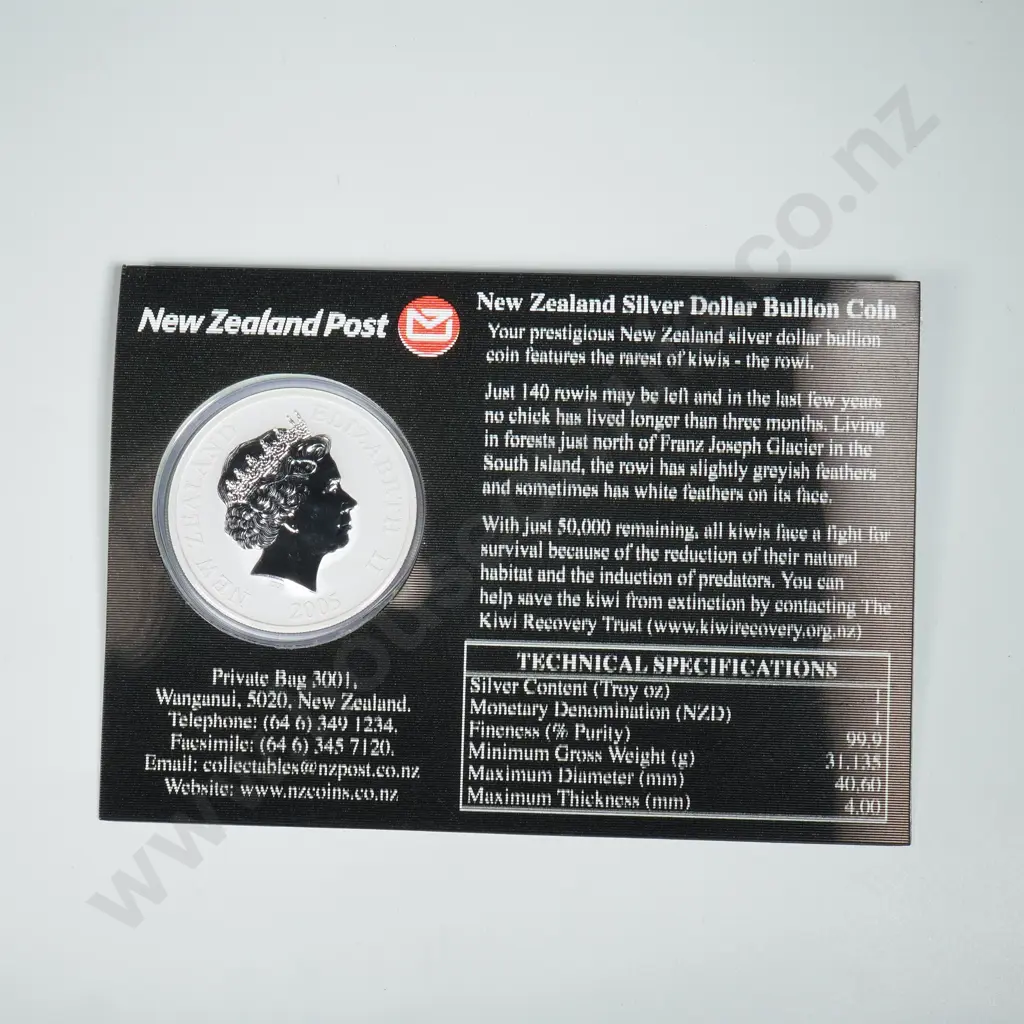 2005 New Zealand One Ounce Silver Coin - Rowi Kiwi - CV $400 Image 1++