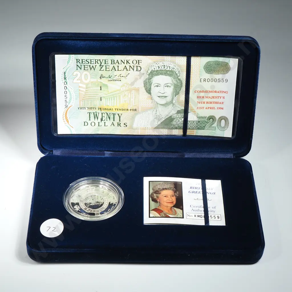 1996 New Zealand Queen Elizabeth 70th Birthday Greetings Coin One Ounce Silver Image 1++