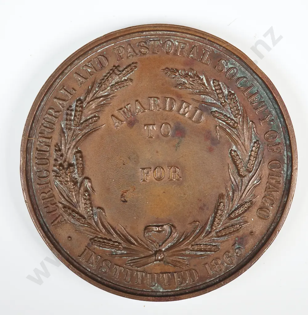 Antique copper medal “AGRICULTURAL & PASTORAL SOCIETY OF OTAGO / INSTITUTED 1865”, 50mm Image 1++