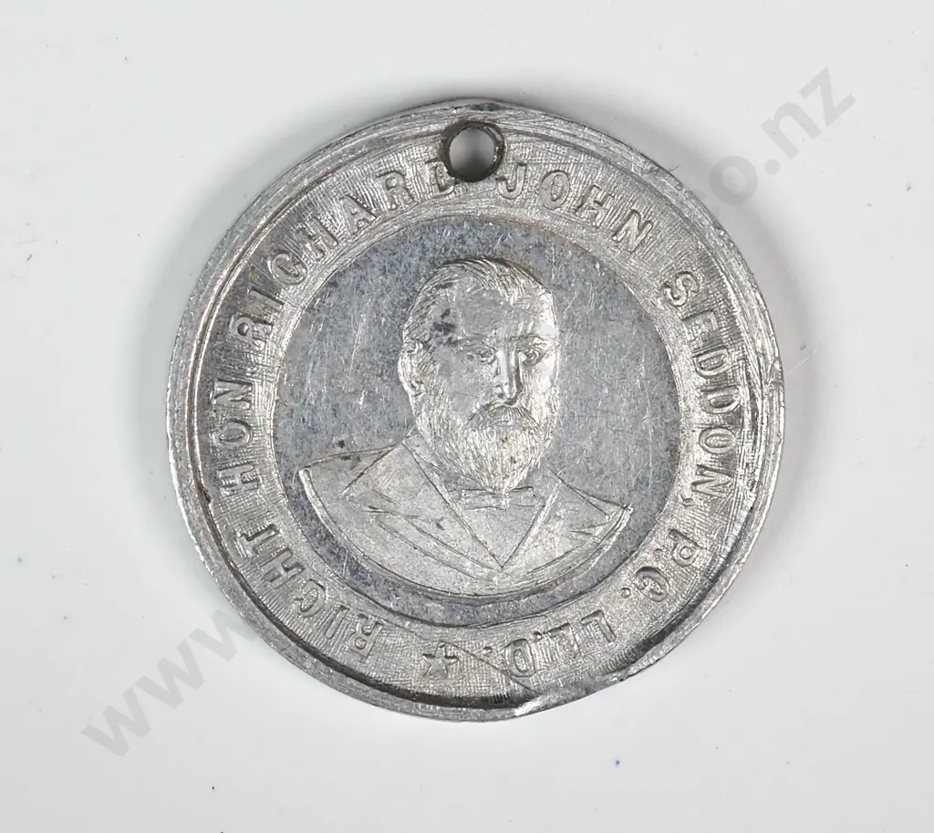Aluminium medal struck for the death of Richard John Seddon in 1906. 19.5mm. It is listed in the Medallic Commemoratives of New Zealand 1865-1940 by Leon Morel as number 1906/2 Image 1++