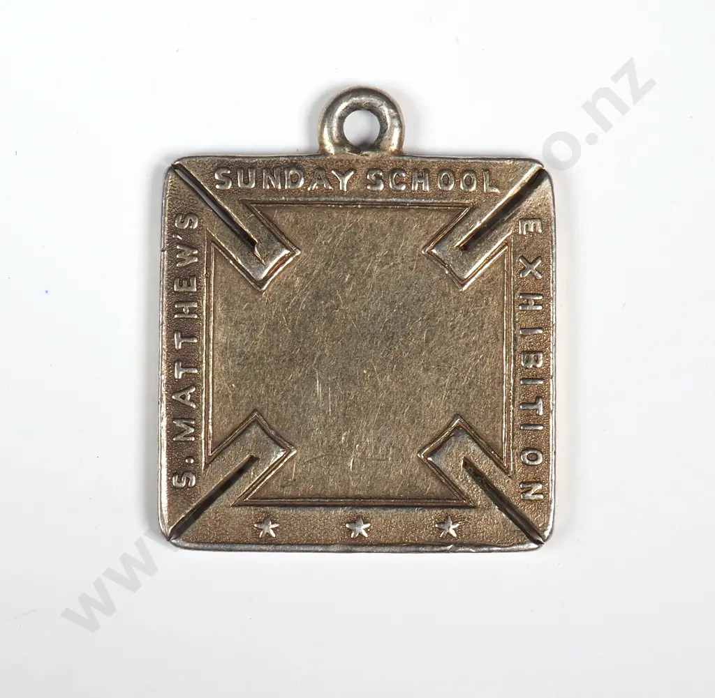 Silver gilt medal struck for the St. Matthew’s Sunday School Exhibition, Auckland, C.1876. 21mm x 21mm. By Anton Teutenberg. Very rare Image 1++