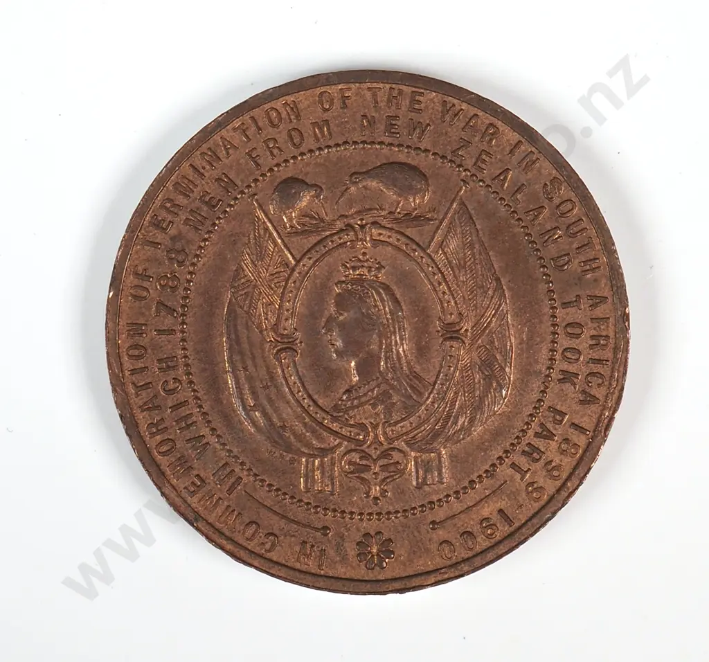 Copper medal struck  to commemorate the end of the Transvaal War. 27mm. It is listed in the Medallic Commemoratives of New Zealand 1865-1940 by Leon Morel as number 1900/36 and has a rarity rating of R7 extremely rare ( 1 to 3 known ) Image 1++