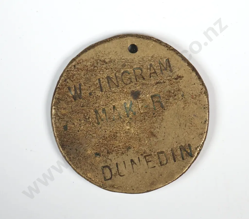 Brass token stamped “NZ / FWLU / CANTY / 495” ( Federated Wharf Labourers Union ), “W. INGRAM / MAKER / DUNEDIN”, 30mm. Listed in The John Bertrand New Zealand Coin & Banknote Catalogue 2025 as number F5 but not Canterbury Image 1++