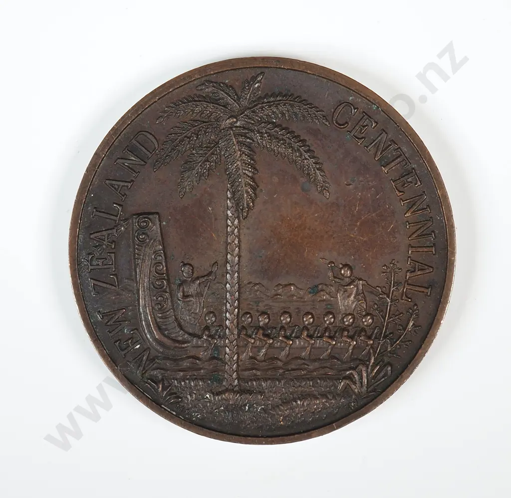 Bronze medal struck for the New Zealand Centennial in 1940. 38mm. It is listed in the Medallic Commemoratives of New Zealand 1865-1940 by Leon Morel as number 1940/2 and has a rarity rating of R6 very rare ( estimated 4 to 10 known ) but listed only in silver. Please note that this is the very rare prize medal, awarded Image 1++