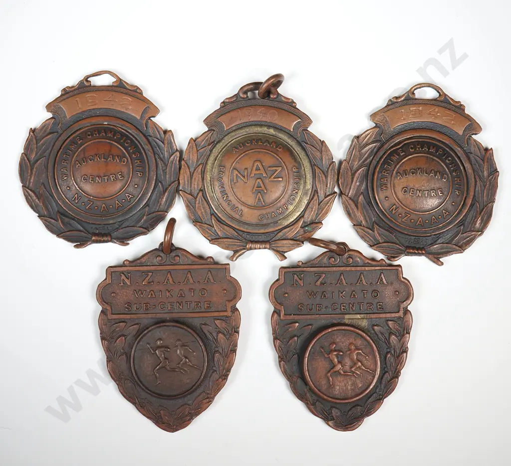 5 x N.Z.A.A.A. copper prize fob medals won by “I. R. DEVCICH”, 1940 – 1942 Image 1++