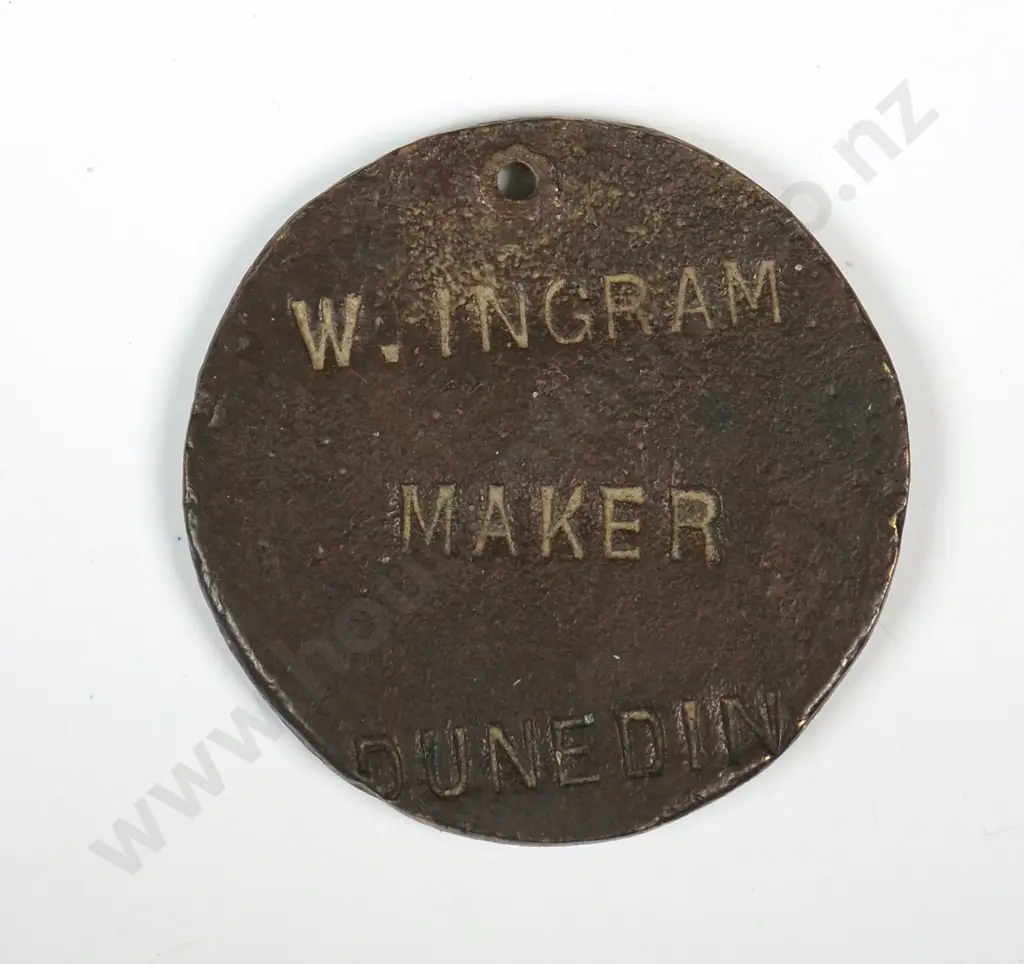 Brass token stamped “NZ / FWLU / NELSON / 2” ( Federated Wharf Labourers Union ), “W. INGRAM / MAKER / DUNEDIN”, 30mm. Listed in The John Bertrand New Zealand Coin & Banknote Catalogue 2025 as number F5 Image 1++