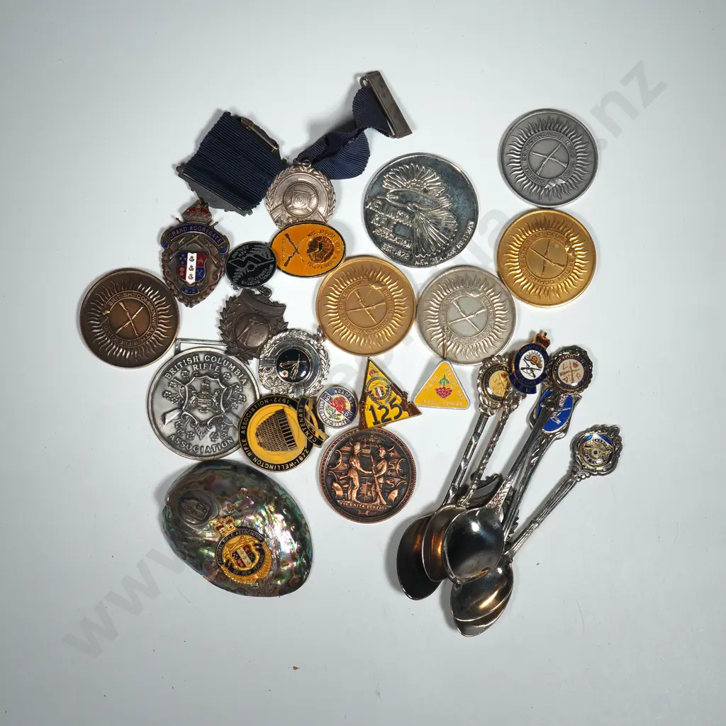 25 x different rifle shooting prize medals, badges, pins and spoons Image 1++