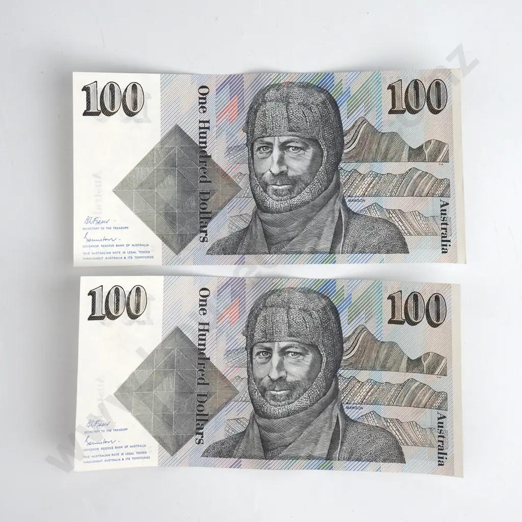 Consecutive Pair of Australian 100 Dollar Banknotes - ZDD Prefix - AUNC w Centre Crease  Image 1++