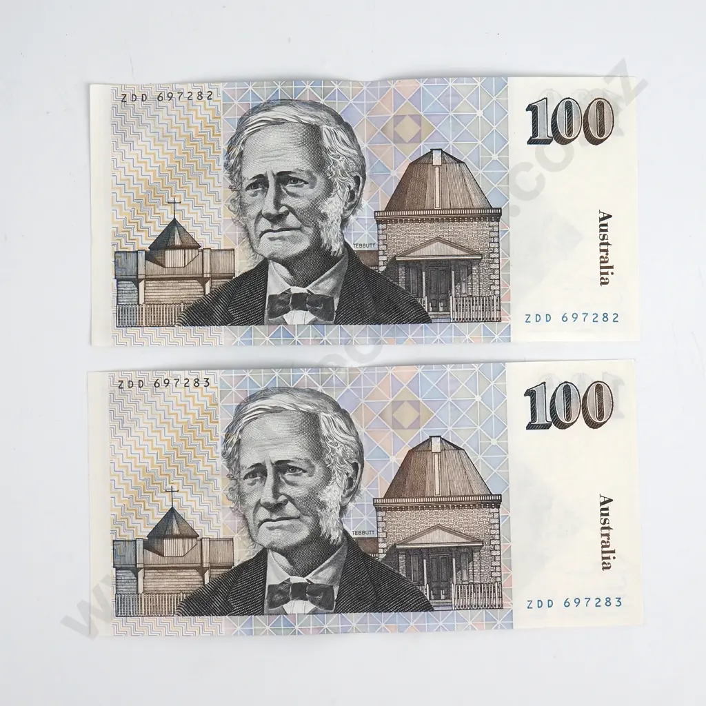 Consecutive Pair of Australian 100 Dollar Banknotes - ZDD Prefix - AUNC w Centre Crease  Image 1++