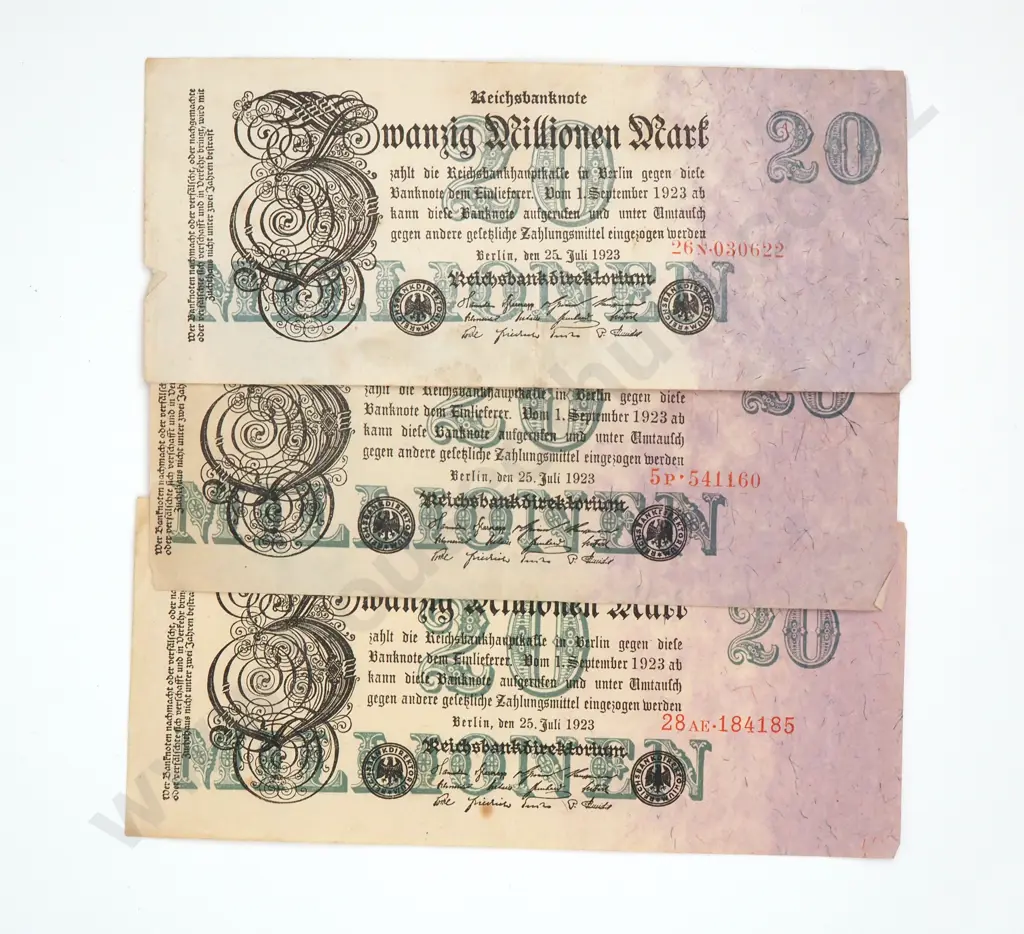 Three German Hyperinflation 20 Million Mark Banknotes  Image 1++