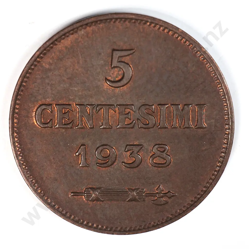 Italy 1938 Five Cents, Extremely Fine Image 1++