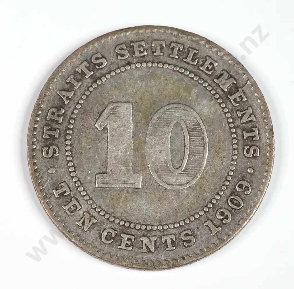 Straits Settlements 1909 Ten Cents, Fine Image 1++