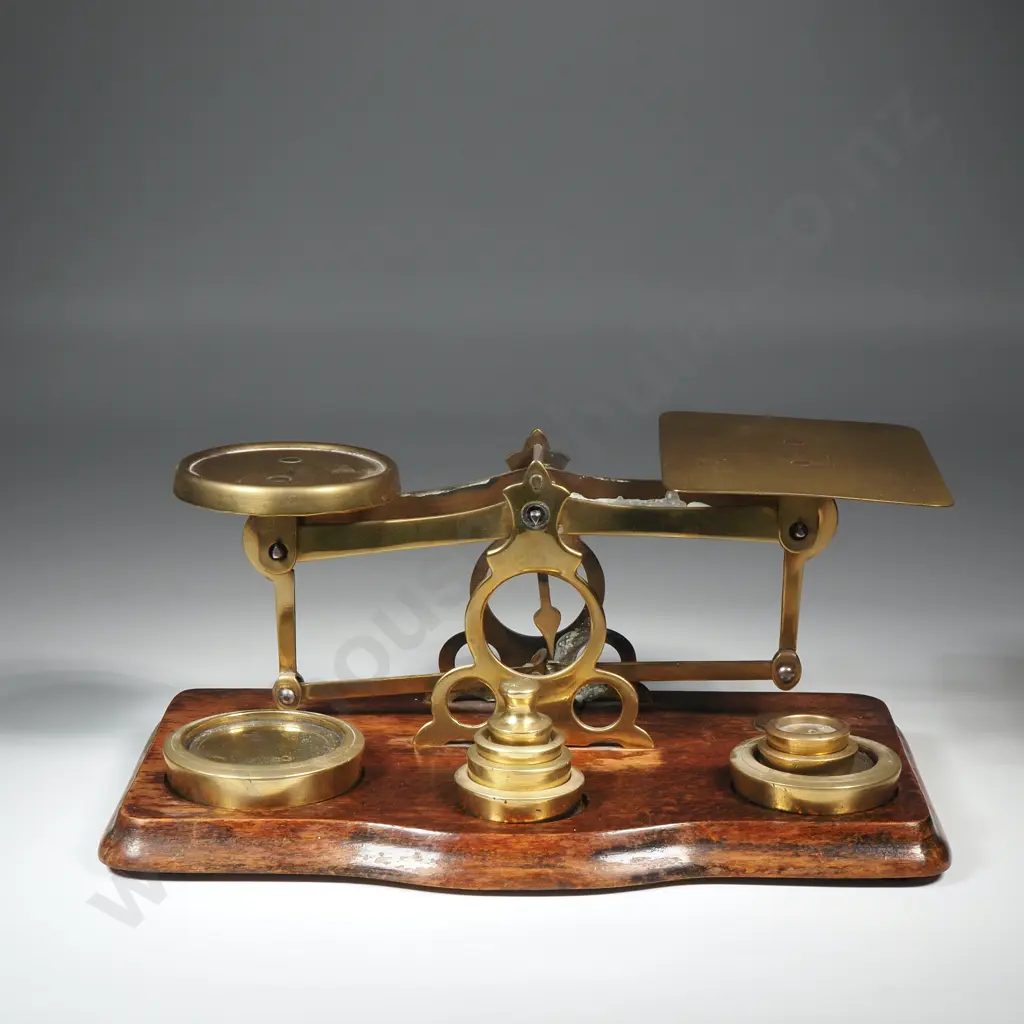 Antique Brass Postal Letter Scale w Associated Weights Image 1++