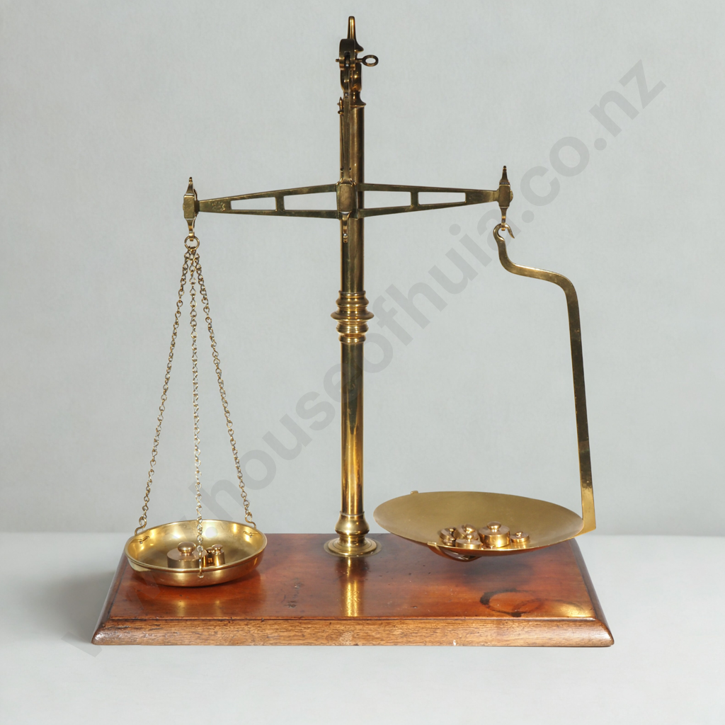 Victorian Brass Balance Scales w Mahogany Base Image 1++