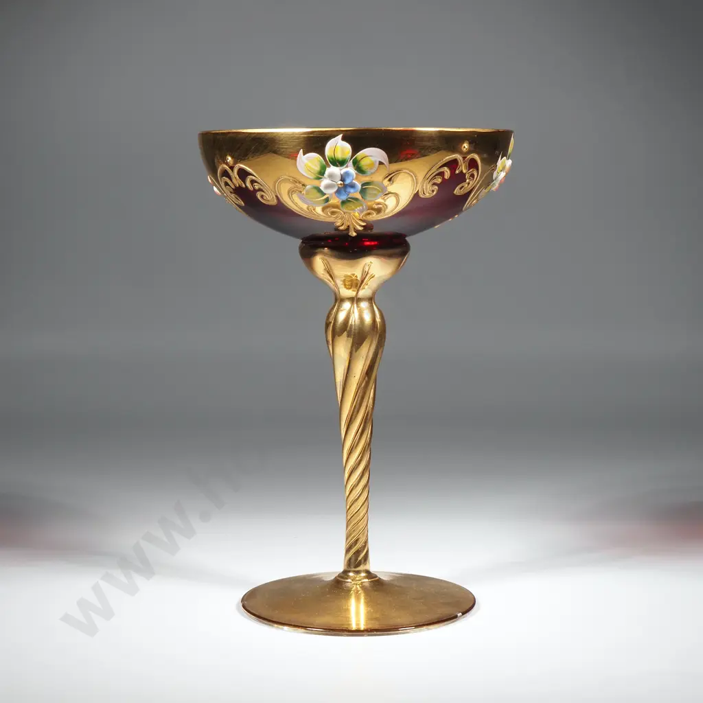 Murano Glass Goblet w Ruby Glass Bowl on Spiral Stem Image 1++