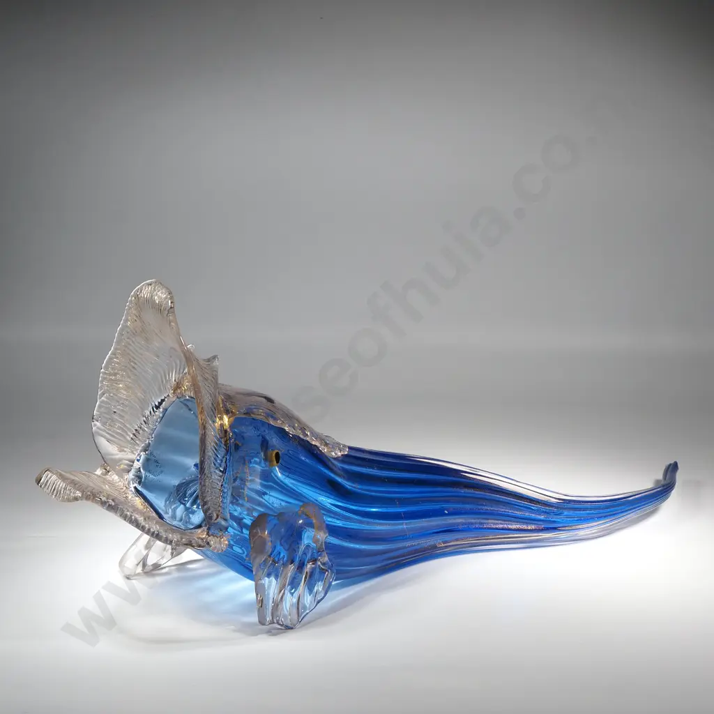Large Blue & Clear Open Mouthed Glass Fish w Gilt Enhancements (Avventurina) Image 1++