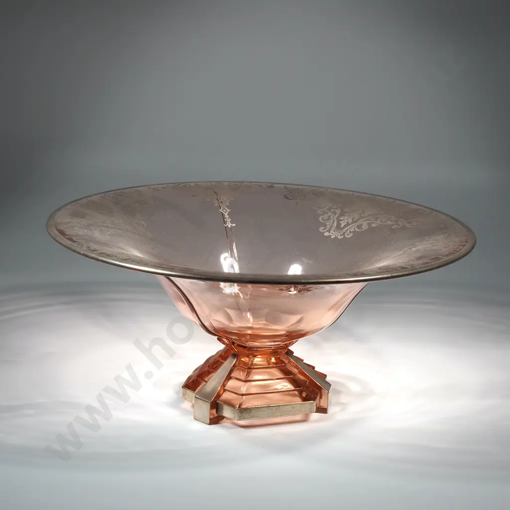 Art Deco Pink Glass Bowl w Sterling Silver Overlay Image 1++