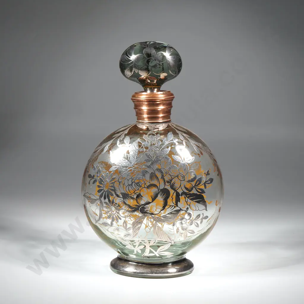 Antique Liqueur Decanter w Silver Overlay & Copper Rim Image 1++