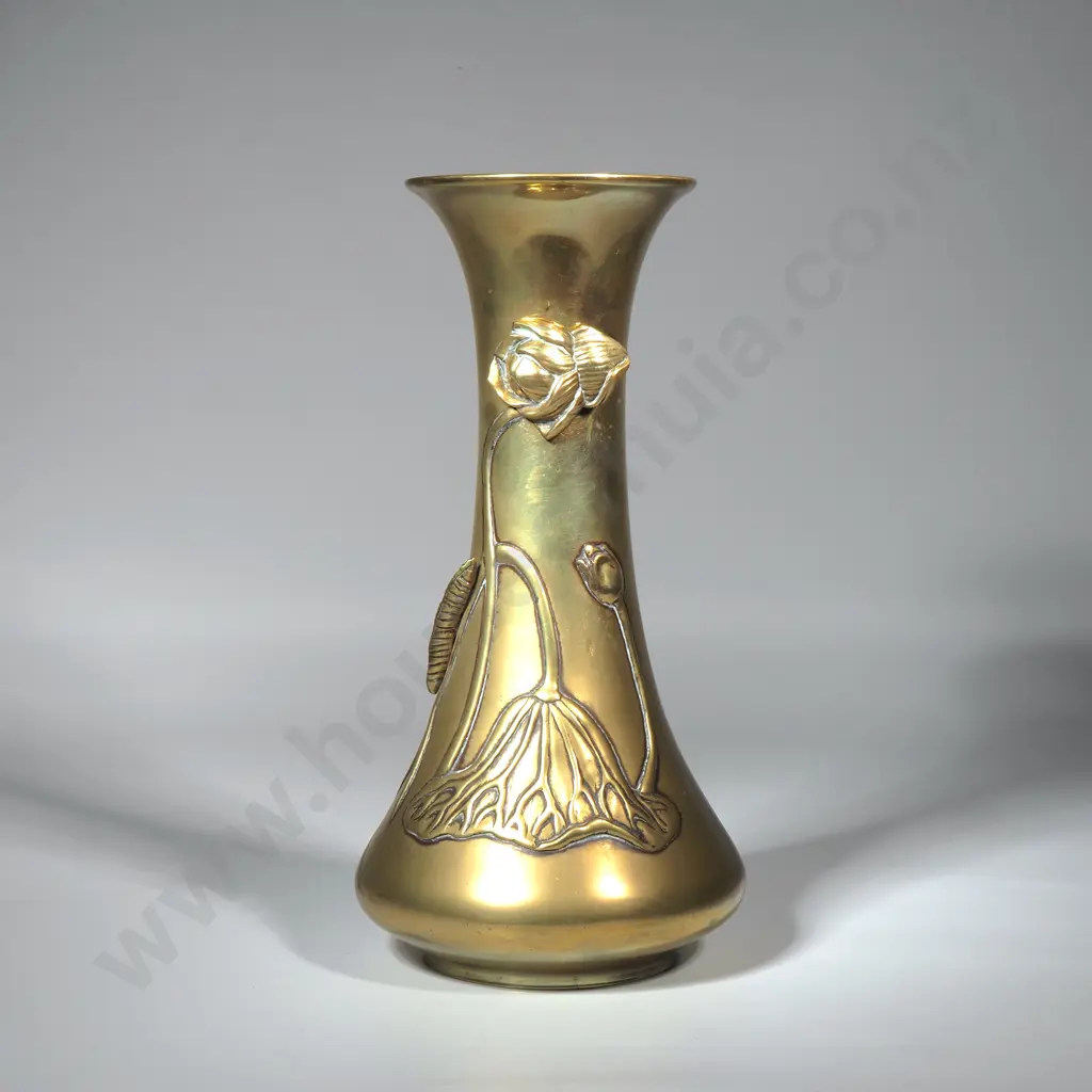 Japanese Brass Vase w Embossed Floral Design Image 1++