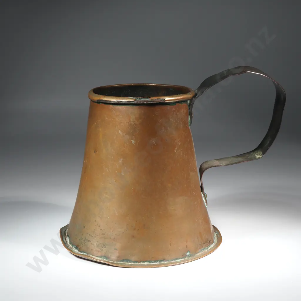 Early Rustic Copper Tankard w Scrolled Handle & Flared Base Image 1++