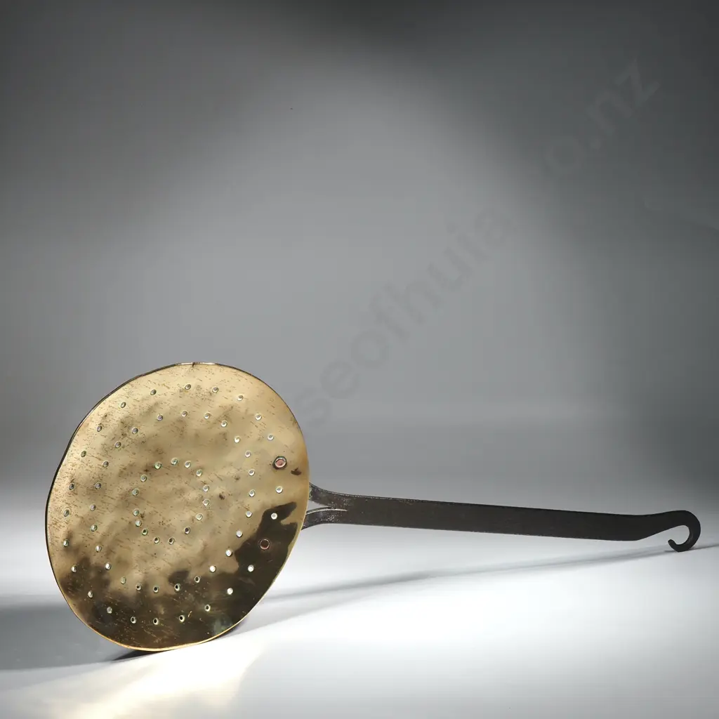 Antique English Victorian Brass Cream Skimmer w Wrought Iron Handle Image 1++