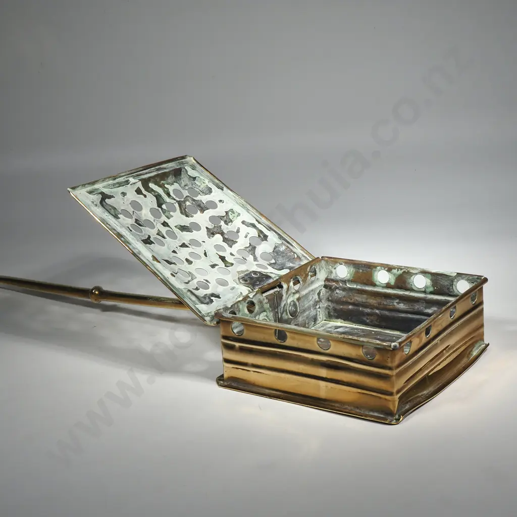 Antique  Brass Chestnut Roaster w Square Box & Hinged Lid Image 1++