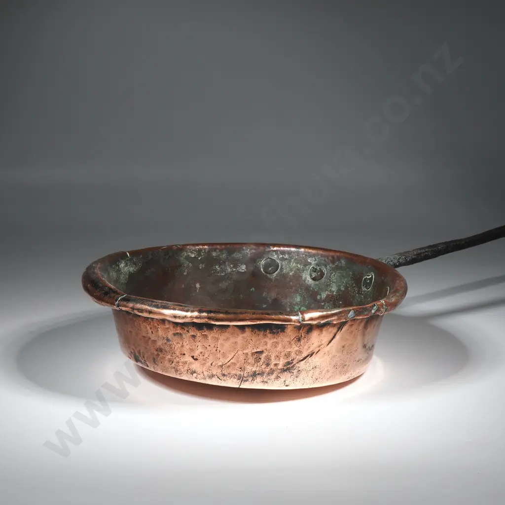 19th French Copper Saute Pan w Long  Cast Iron Handle Image 1++