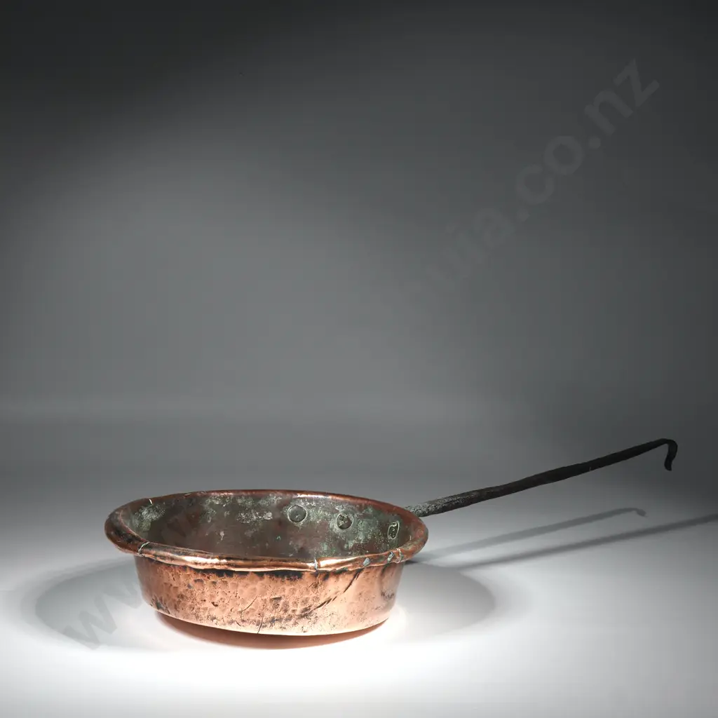 19th French Copper Saute Pan w Long  Cast Iron Handle Image 1++