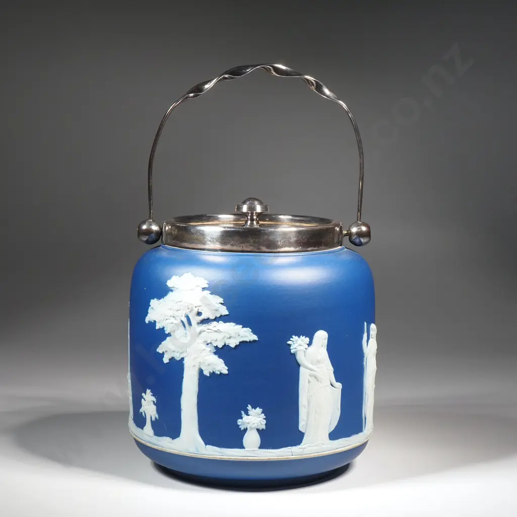 Antique Wedgwood Biscuit Barrel w Sterling Silver Mounts & S/P Lid  Image 1++