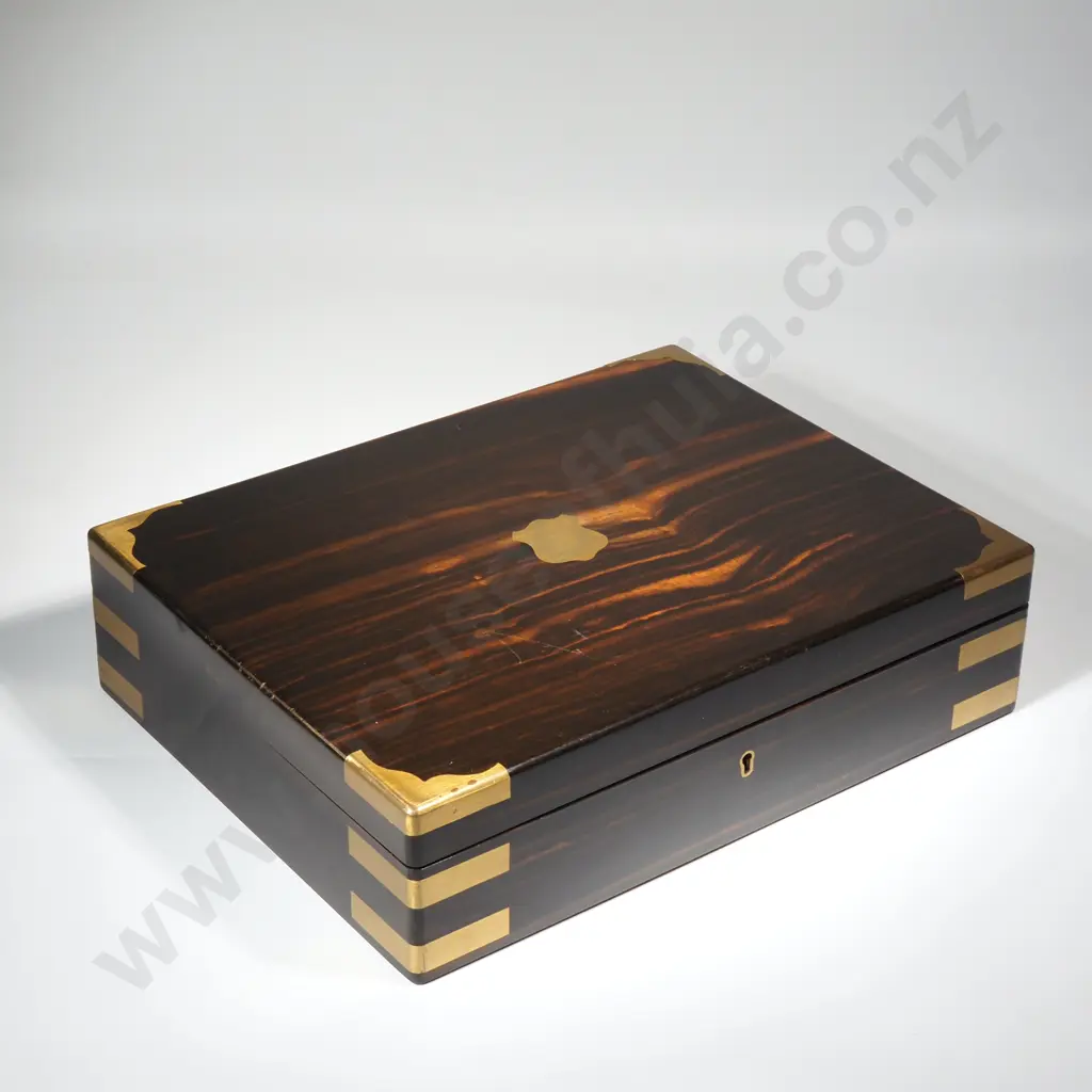 Antique Wood Box w Brass Mounts & Cartouche Image 1++