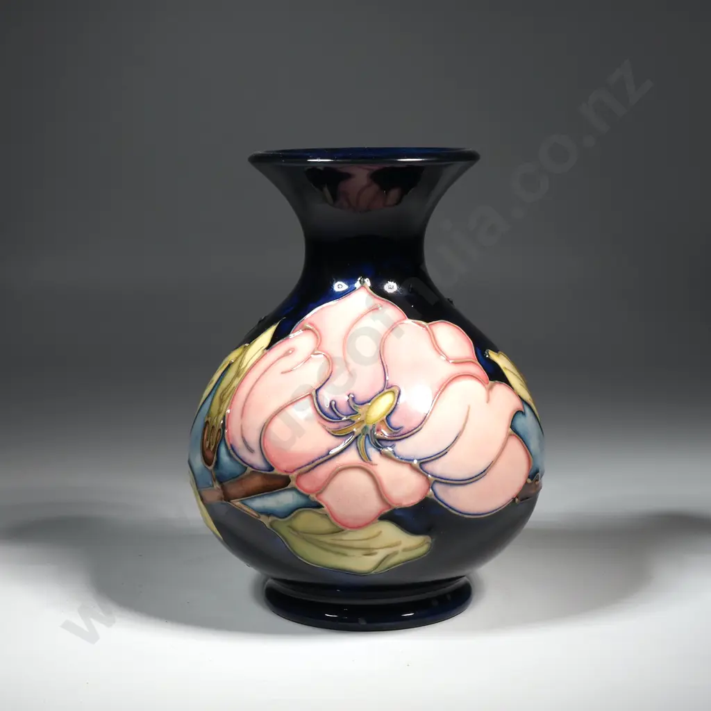 Moorcroft Pottery Vase Decorated in Magnolia Pattern on Blue Ground Image 1++